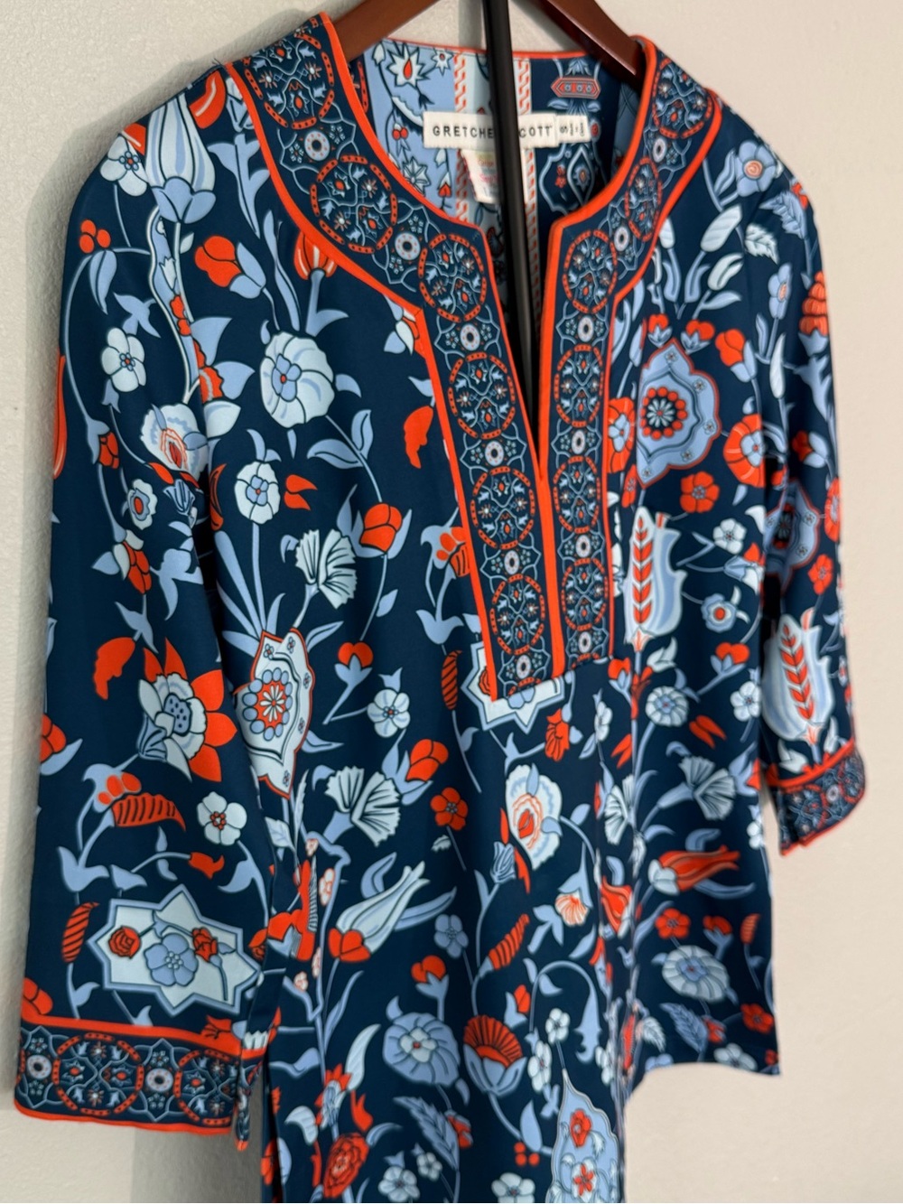 Gretchen Scott Navy Floral Print Tunic Top Orange Trim 3/4 Sleeve Women Size S - Picture 6 of 9